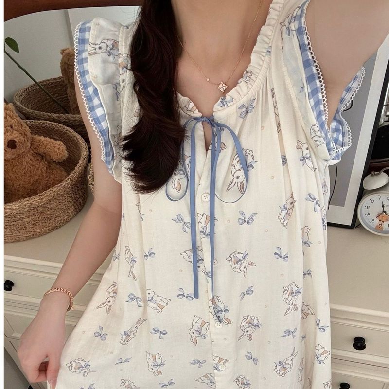 ソースファクトリークラウドコットン韓国インス甘くてかわいいウサギのネグリジェ女性の夏薄いミッドレングスパジャマ|undefined