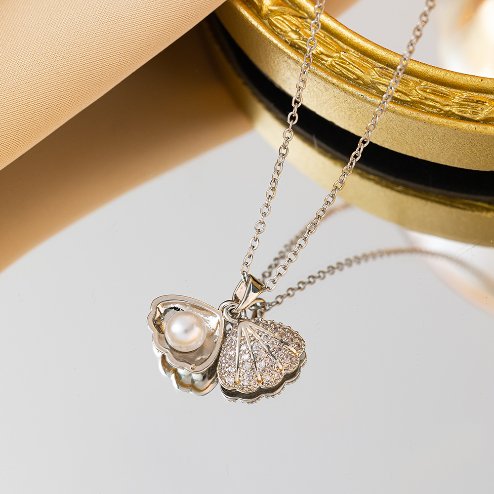 Hochwertige Perlenkette mit Jakobsmuschel-Muschel für Damen, einfache Schlüsselbeinkette, leichter Luxus, vielseitiger und personalisierter Anhängerschmuck_voghion.com