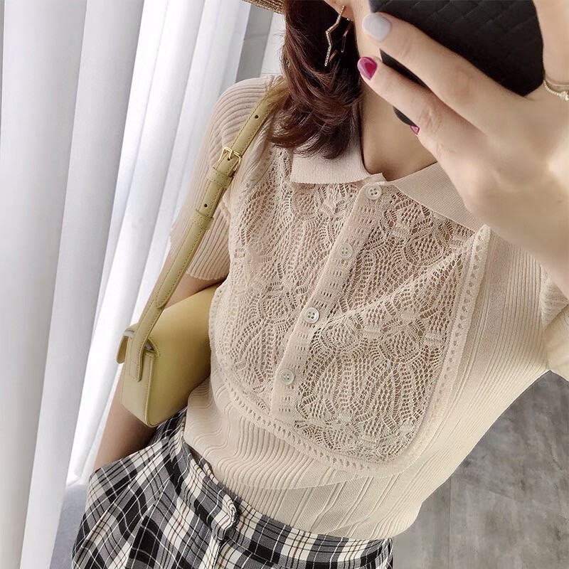 Hong Kong and American Fashion/Exquisite Slightly Sexy Hollow-Out Front Placket Crochet Polo Collar Silk-Linen Ribbed Knit Sweater