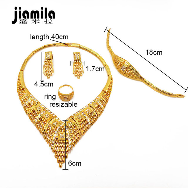 Jamila Middle East Dubai 24K Gold Plated Jewelry Set French Indian Necklace Ring Earring Bracelet Four-piece Set