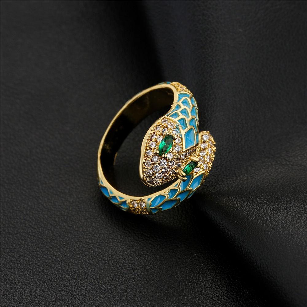 American Oily Snake Ring Copper Micro-inlaid Zircon Gold Ring Female display picture 4