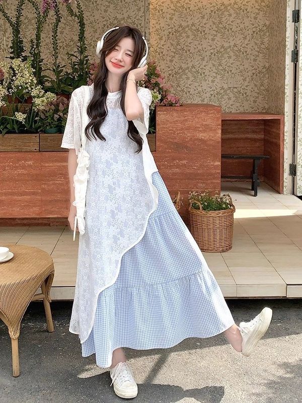 小清新蕾丝罩衫格子吊带连衣裙套装女2025夏季新款韩系甜美两件套|undefined