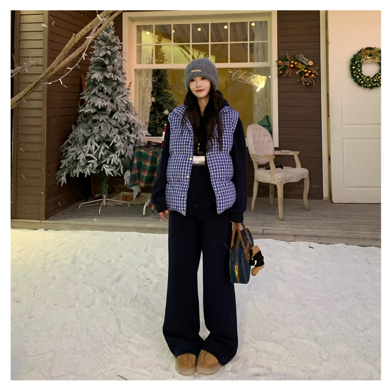 韩系复古蓝色格子立领无袖百搭棉服马甲背心女秋冬季加厚棉衣外套|undefined