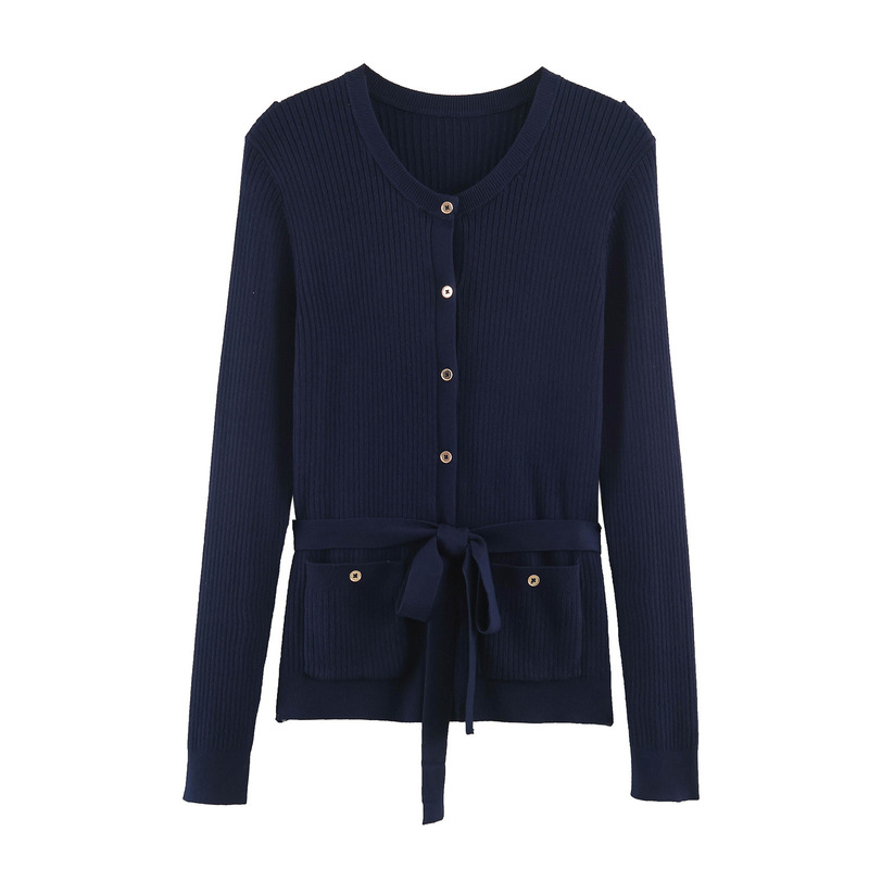 MYST&ZA autumn new women's versatile long-sleeve round-neck ribbed knit sweater with belt jacket 8851101