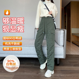 Workwear Down Pants Women's Outer Wear Winter 2024 New Style Small Ski Pants fleece-lined Thickened Northeast Cold-proof Cotton Pants