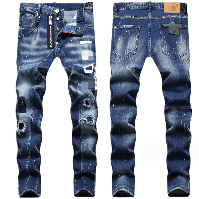 2023 European and American New Blue Men's Jeans, Personalized Trendy Printed Slim-fitting Mid-waist Pants for Men with Small Feet 2023 European and American New Blue Men's Jeans, Personalized Trendy Printed Slim-fitting Mid-waist Pants for Men with Small Feet