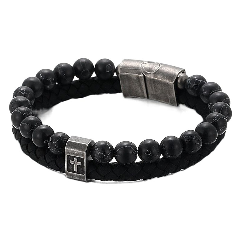 Rueda de tarjeta nueva decoración al por mayor europea y americana de los hombres de moda personalidad turquesa pulsera de acero inoxidable de los hombres de moda cruz pulsera de cuero