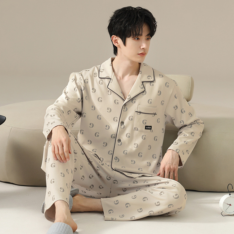 Caini Spring and Autumn Pure Cotton Stretchable Cool Cotton Pajamas for Men, Can Be Worn Outside, Cardigan with Turn-Down Collar, Long Sleeves, Physical Store Homewear