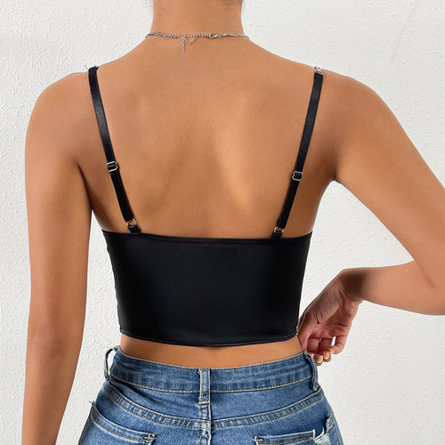 European and American  Summer Street Hot Girl Mesh Perspective Deep V Irregular Steel Ring Fishbone Backless Chain Sling A986