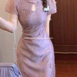 新中式国风年轻款少女旗袍2025新款花镂空紫色连衣裙子