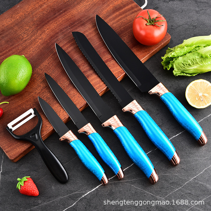 Venta caliente transfronteriza acero inoxidable doble cabezal de galvanoplastia caja de tapa cuchillo juego de 6 piezas de utensilios de cocina cuchillo de chef juego de cuchillo de fruta