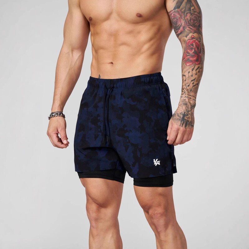 American fashion brand YOUNGLA camouflage sports double-layer shorts for fitness training, basketball, running, and casual wear with inner lining