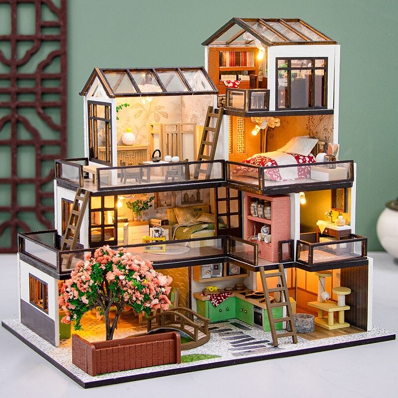 DIY Small House Villa Handmade Assembled Mini Wooden Building Model House Creative Toy Birthday Gift
