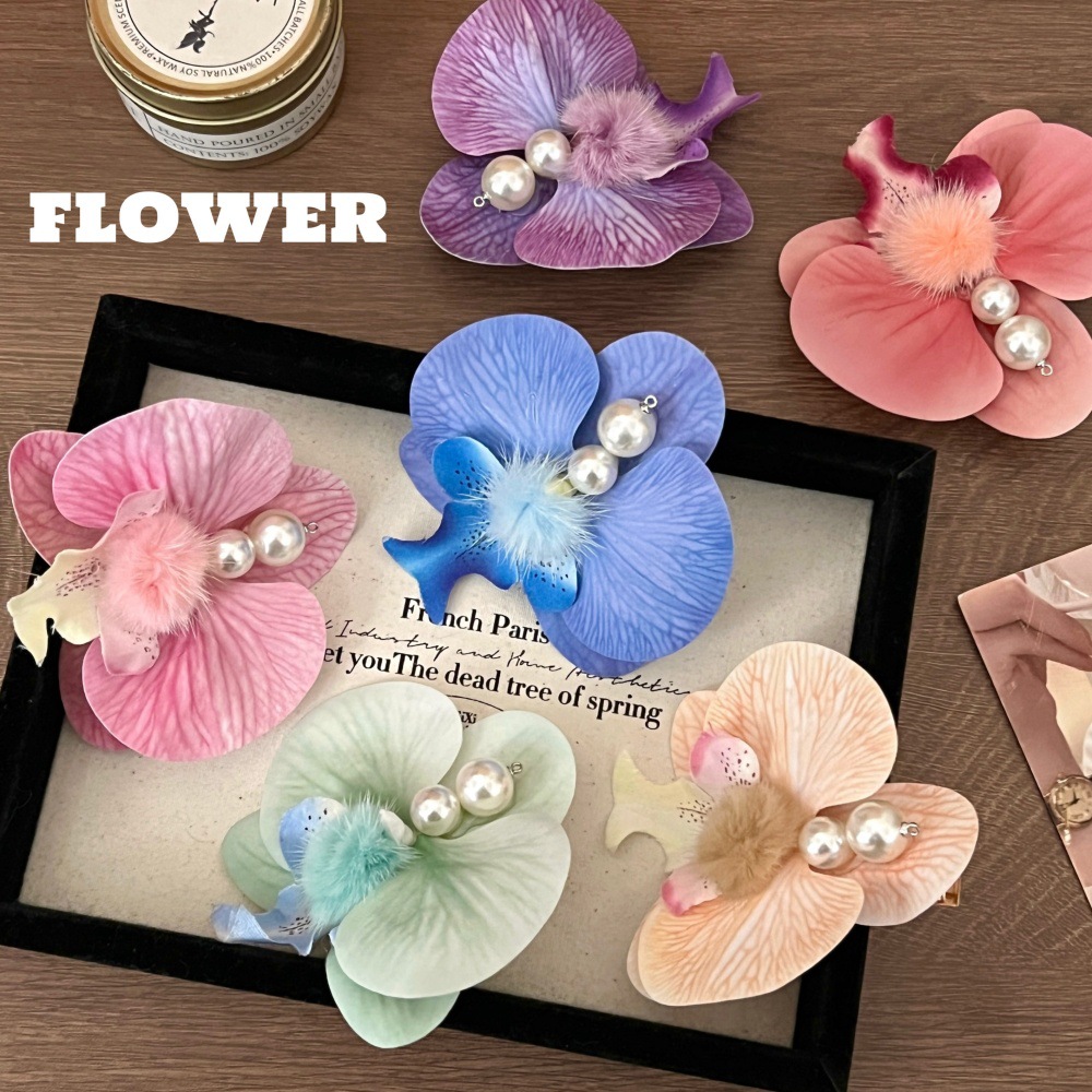 Nuevo estilo de atmósfera súper inmortal orquídea mariposa flores clips para el cabello de la niña Mori sistema lateral boca de pato clips para el cabello detrás de la cabeza