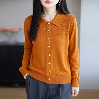 精纺6羊毛镂空针织开衫女POLO领翻领上衣内搭外穿纯色打底衫毛衣