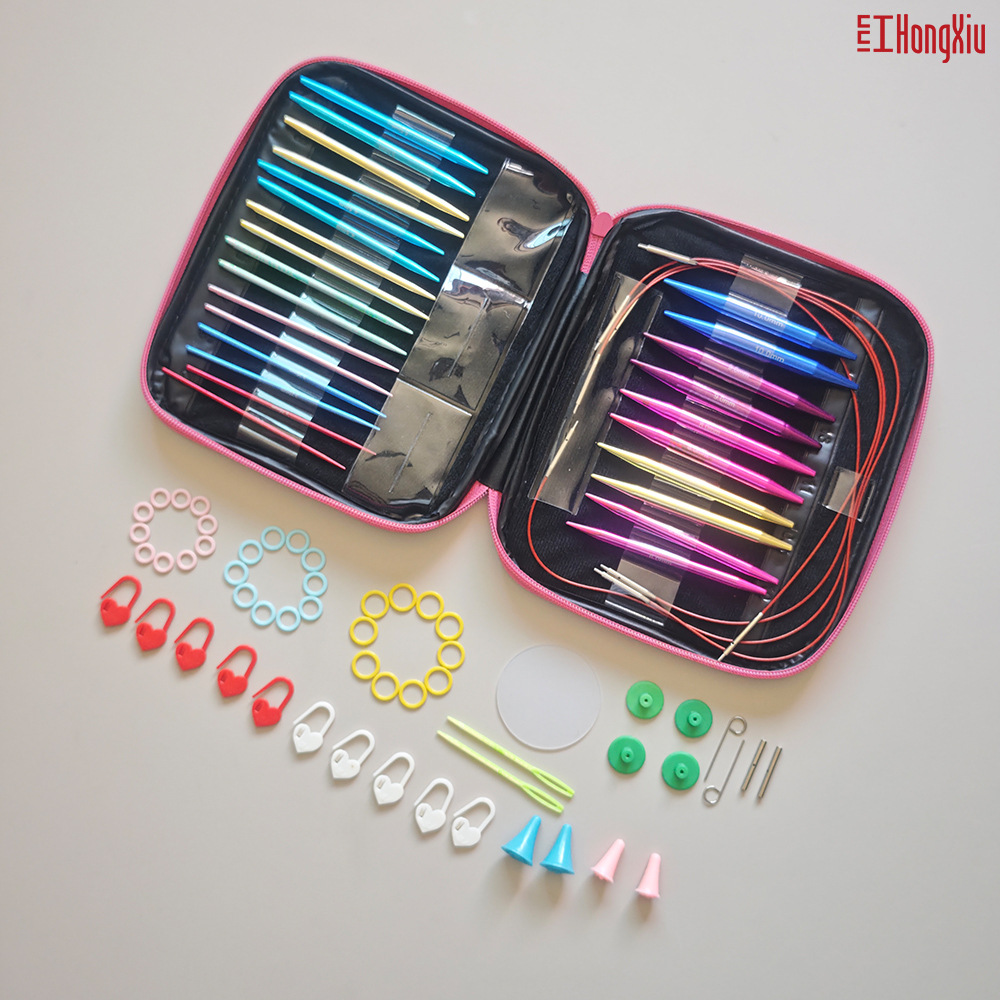 Rojo bordado desmontable anillo aguja color alúmina intercambio cable suéter aguja de tejer bolsa de ganchillo conjunto de herramientas