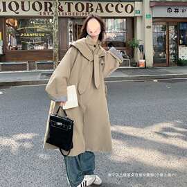 跨境2025秋季新款韩版长款风衣女卡其色复古文艺小众简约宽松外套