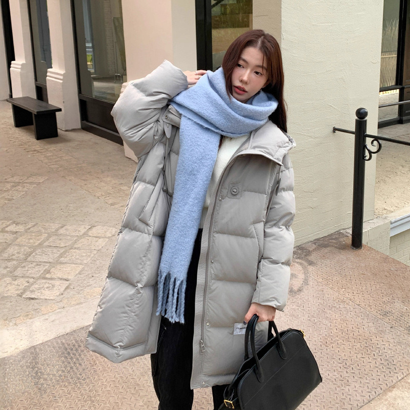2025年冬季韩版长款连帽过膝羽绒服女宽松加厚简约白鸭绒保暖外套|undefined