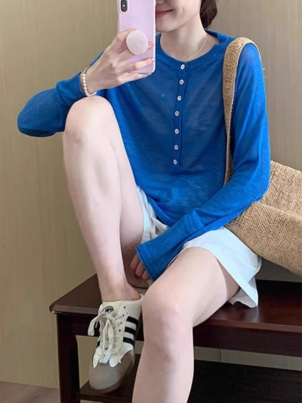 クラインブルーチュール日焼け止めブラウス女性の夏薄い小さなアイスシルク長袖Tシャツアウタートップ|undefined