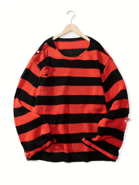 Xindi Men's Clothing | New Couple's Striped Jacquard Hollow-Out Round-Neck Sweater Street Style Long-Sleeve Knit Pullover Sweater