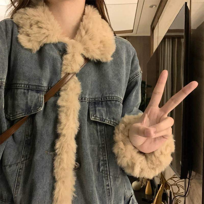 Fleece denim down jacket, oversize, for teenagers, increased thickness