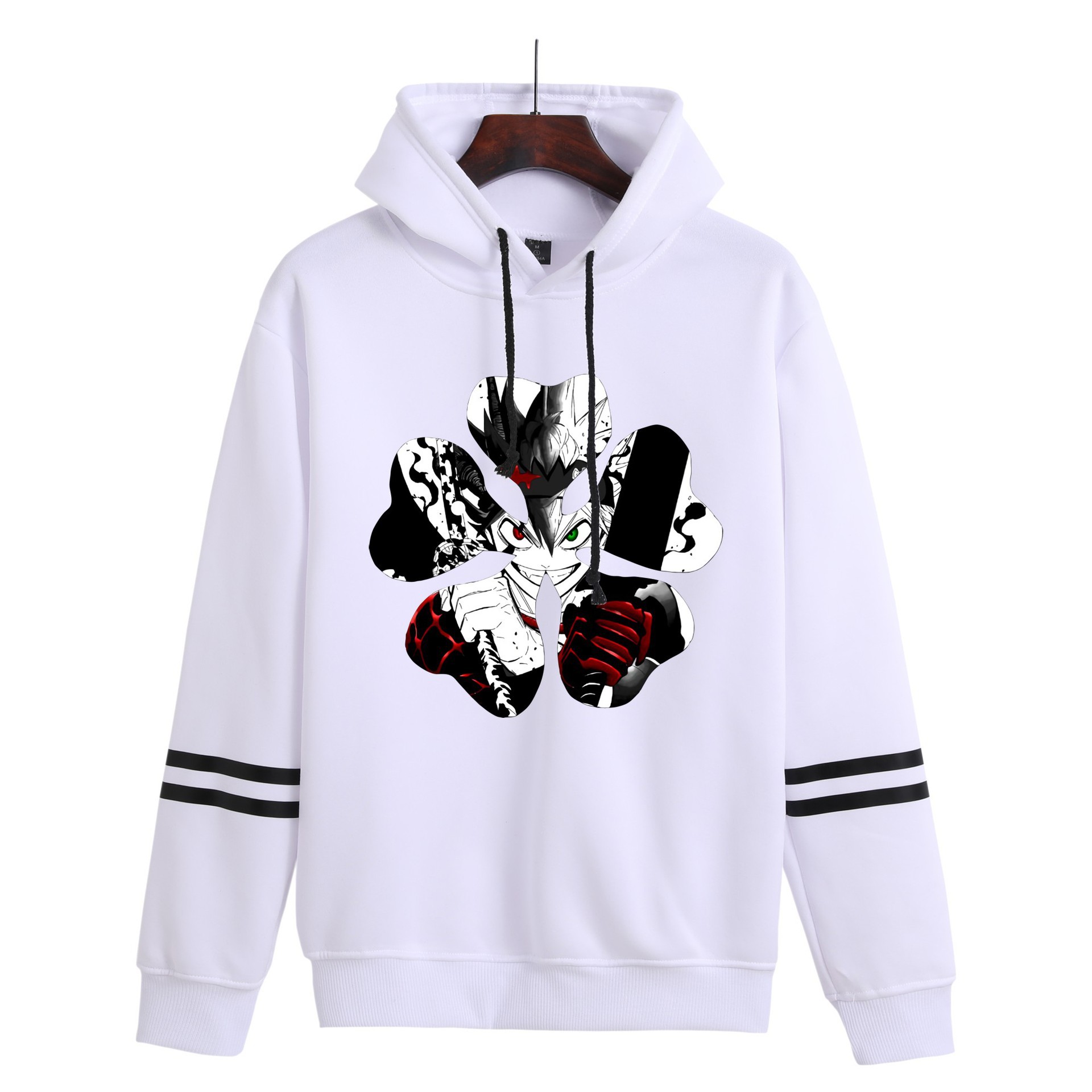Amazon hombres y mujeres anime trébol negro Black Clover estampado con capucha pareja suéter de barras paralelas