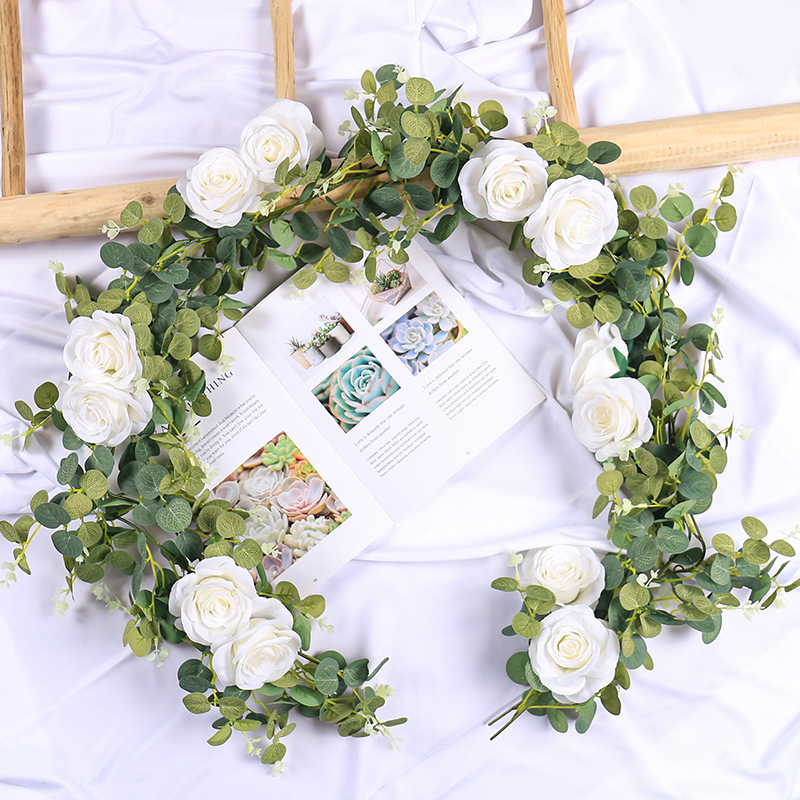 Eucalipto ratán Garland jardín arreglo de boda hojas de eucalipto Rose flor falsa simulación de arco dinero hoja de ratán
