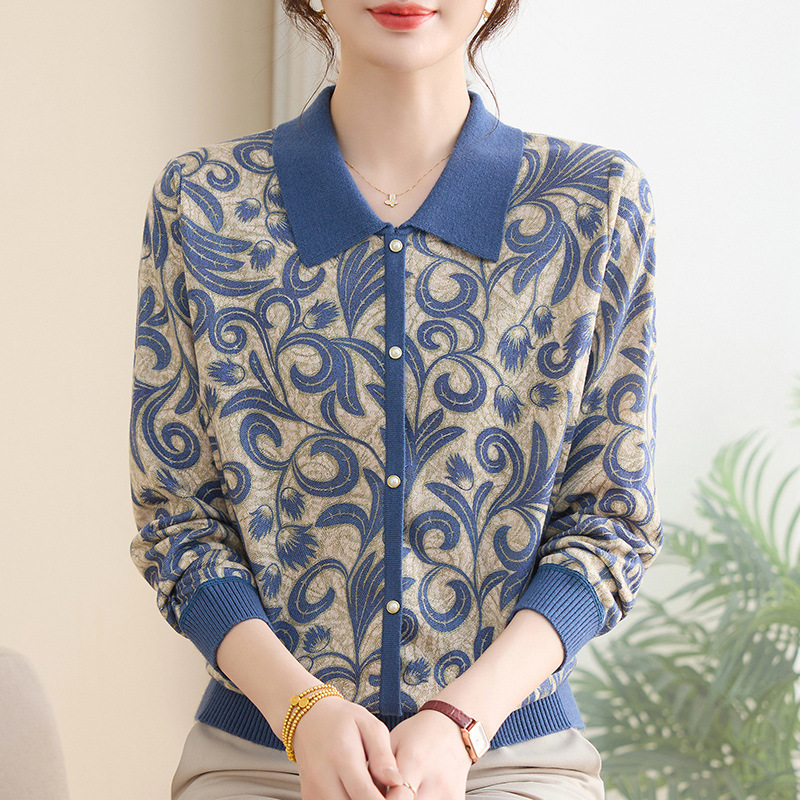 Middle-Aged and Elderly Spring and Autum Thin Elegant Printed Fashionable Mother's Pullover New Fake Cardigan Lapel Knitted Shirt Middle-Aged and Elderly Spring and Autum Thin Elegant Printed Fashionable Mother's Pullover New Fake Cardigan Lapel Knitted Shirt