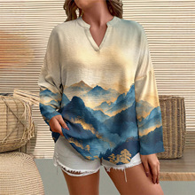 跨境长袖T恤衬衫欧美25年春季时尚印花流行女士V领亚马逊虾皮外贸