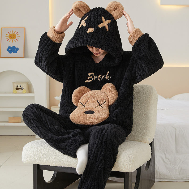 Pajamas Men's Winter Coral Fleece Thickened Men's Plus Size Cartoon Student Teenagers Hood Warm Homewear Set