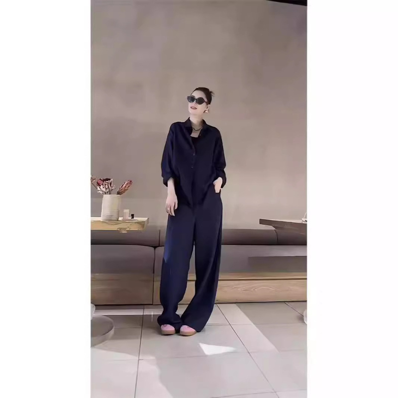 Minimale Fashion Commuter suit Women's Temperament High-end Sense Xizang Blue Loose Shirt Wide-leg Casual Pants Two-piece Set Minimale Fashion Commuter suit Women's Temperament High-end Sense Xizang Blue Loose Shirt Wide-leg Casual Pants Two-piece Set