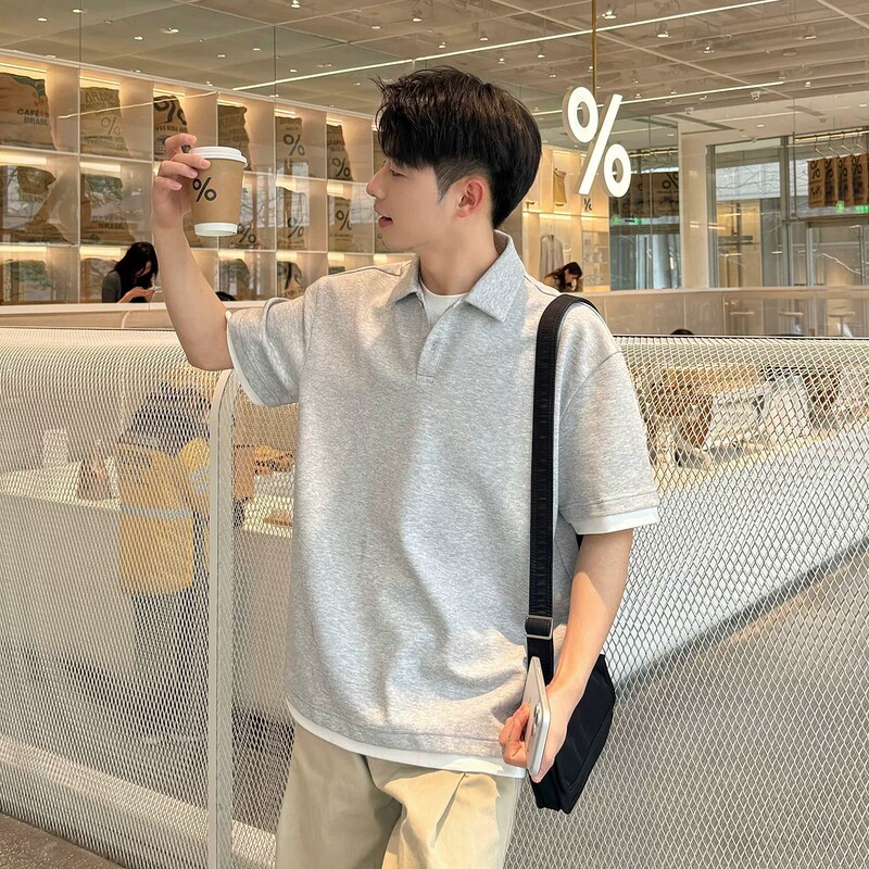 Summer New Japanese Style Fake Two-Piece Gray Polo Shirt Unisex Short-Sleeve T-Shirt Loose Casual Versatile Half-Sleeve Top