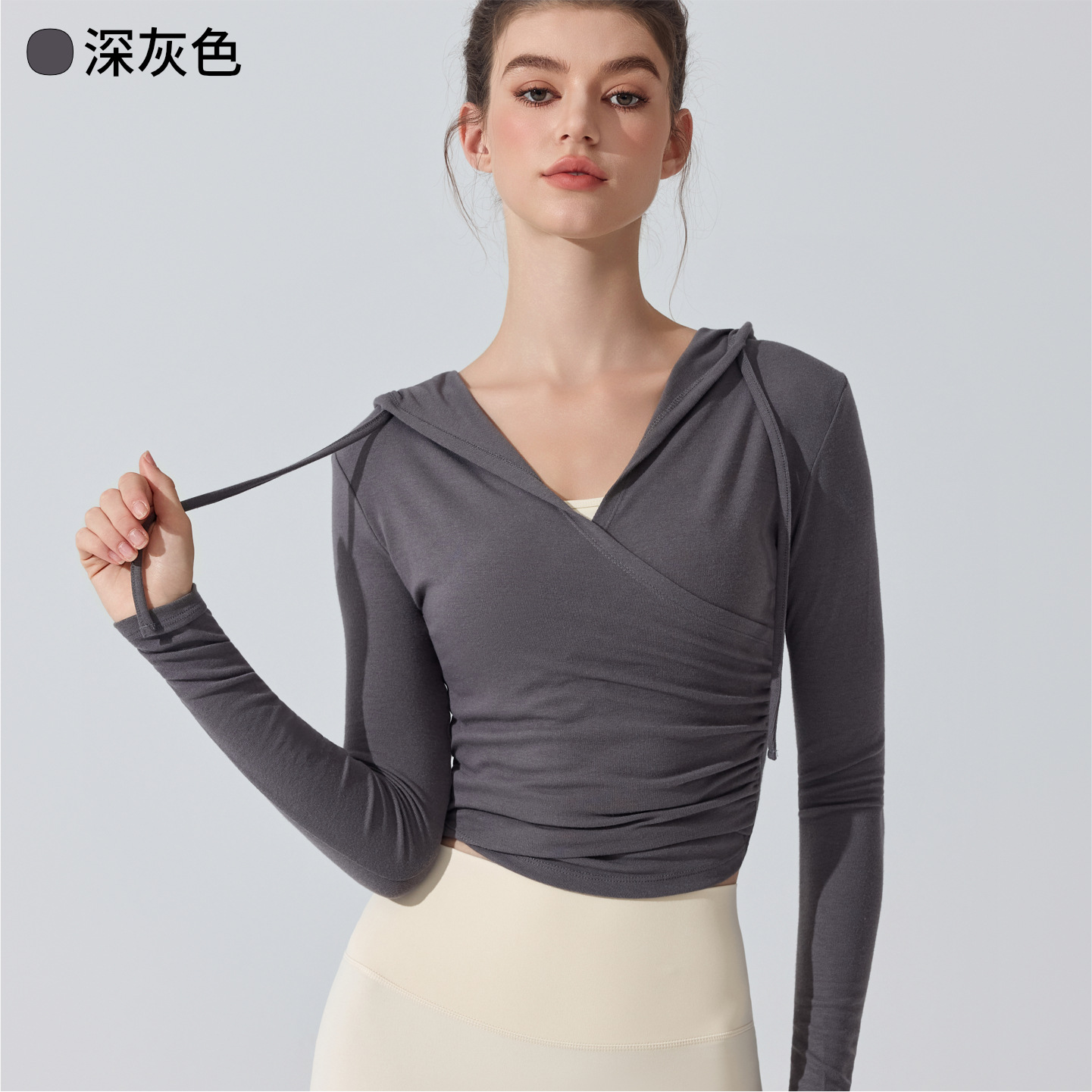 Europa y Estados Unidos trajes de yoga encapuchados transfronterizos mangas largas cintura reducida camiseta deportiva de correr delgada camiseta transpirable pilates camiseta de fitness