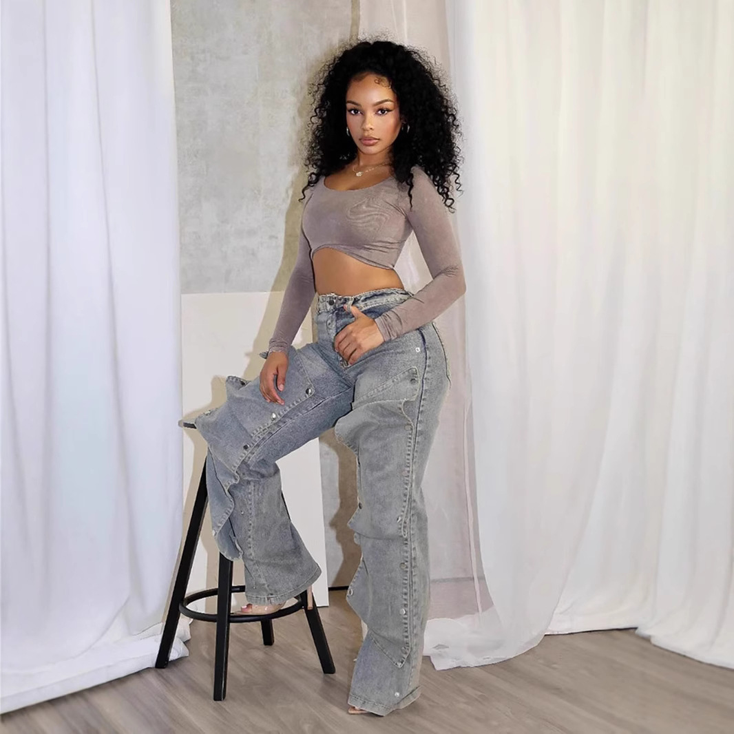 2024 가을과 겨울 새로운 거리 패션 분리 가능한 숨겨진 버튼 디자인 불규칙한 청바지 높은 허리 스트레이트 바지
