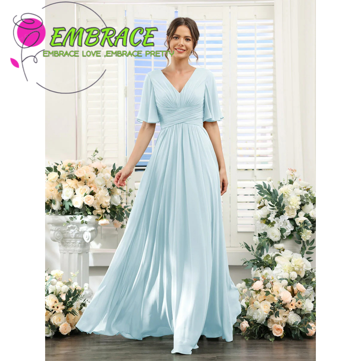 Verano nuevo vestido de noche de chiffon europeo y americano V-collar mangas mariposa novia vestido de damas de honor anfitriona de la fiesta vestido largo