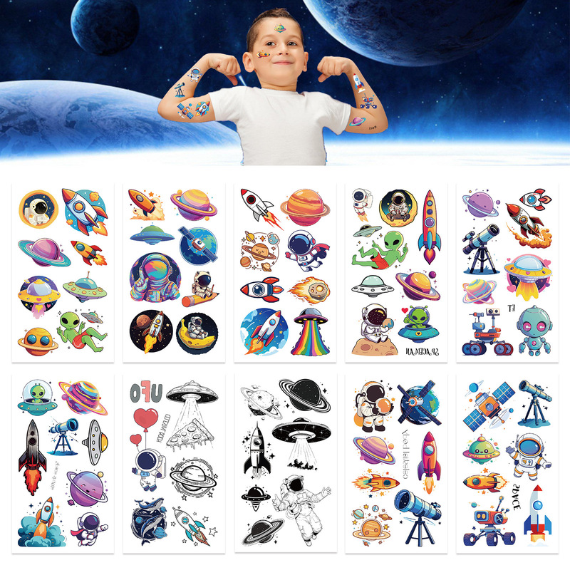 Cross-Border 2025 New Kidsren's Cartoon Space Tattoo Stickers Interstellar Universe Astronaut Waterproof Temporary Stickers Wholesale
