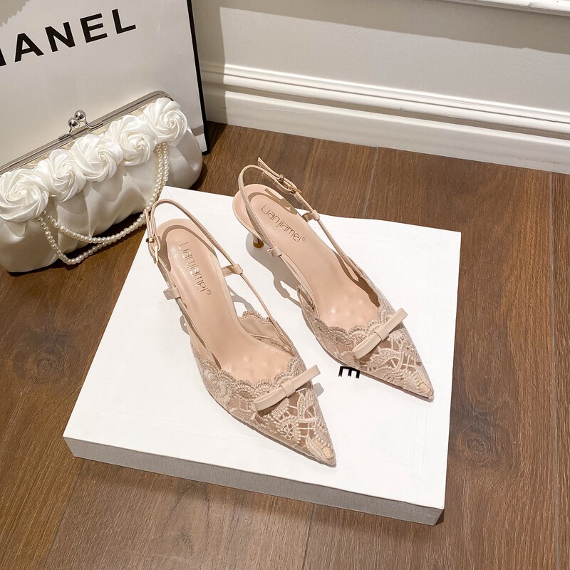 2025 New Lace Pointed-Toe Stiletto High Heels for Women with Back Straps, Socialite Style Shallow Sandals