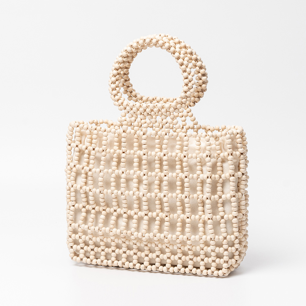 OLEI New Wooden Bead Bag for Women Casual Travel Beaded Bag Solid Color Hollow Out Hand-Woven Vacation Handbag - Thumbnail 6