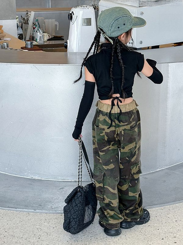 Girls' Jazz Dance Costume Long-Sleeve Base Shirt Camouflage Pants Set Children's Fashion Show Trendy Outfit Hip-Hop Street Dance Performance Dress