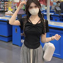 方领短袖T恤女夏季韩版2025时尚新款蝴蝶结设计感百搭修身上衣潮