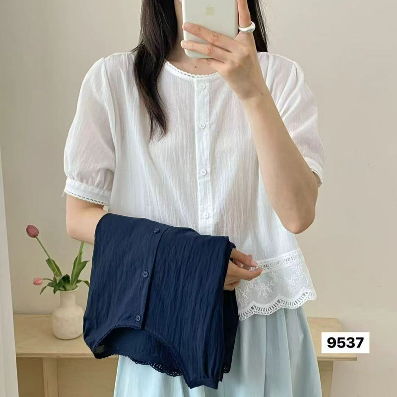 Japanese-Style Solid Color Embroidered Lace Patchwork Short-Sleeve Shirt 2026 Mori Girl Style Simple Youthful Versatile Casual Top for Women