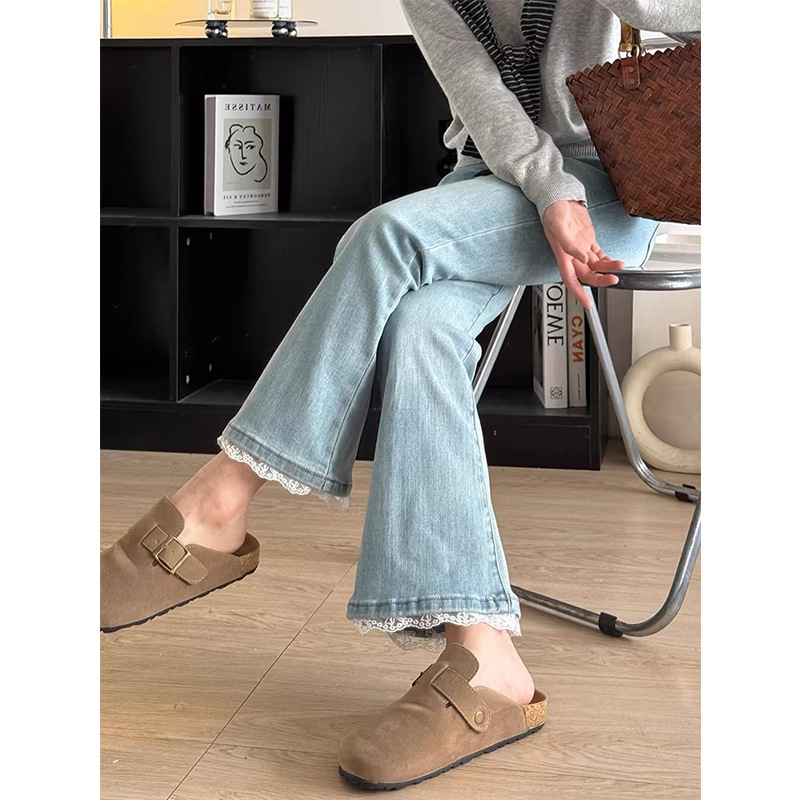 plus size Light Lace Edge Micro-Lace Jeans Women's Spring and Summer 2025 New Stretch Slimming High Waist Horn Cropped Pants