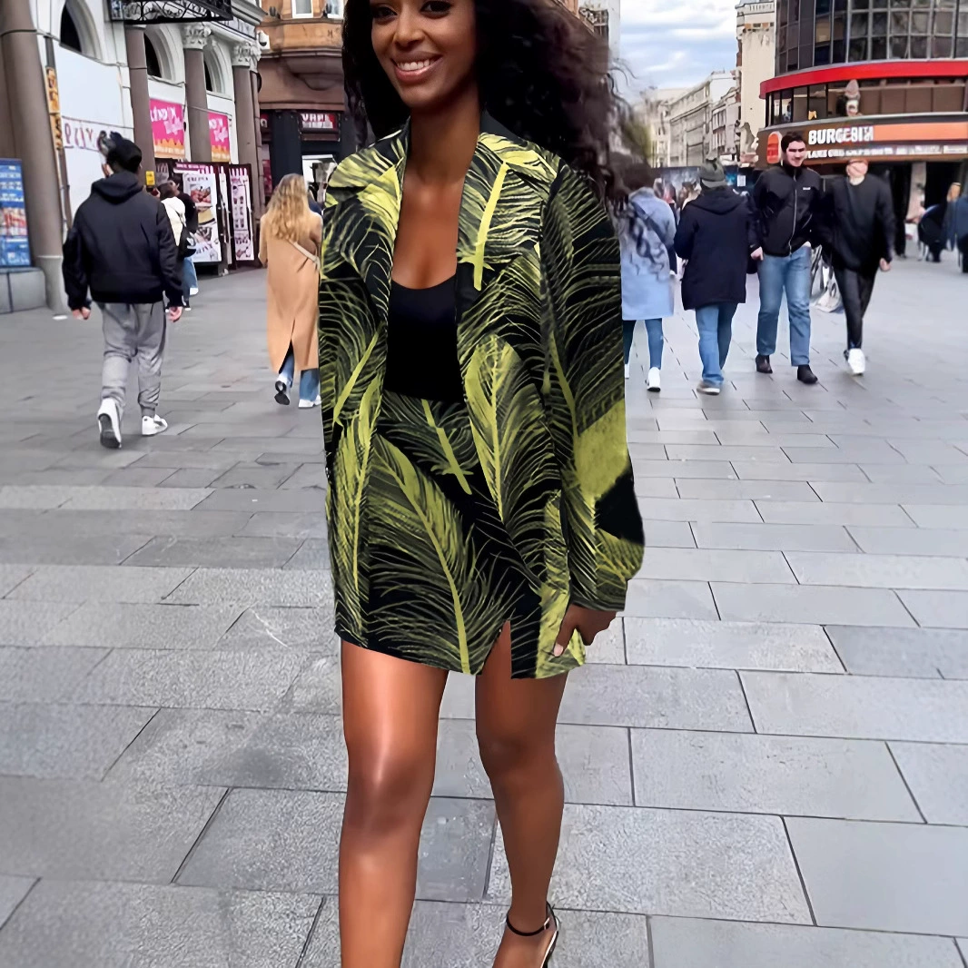 832 элегантный стиль темперамент моды коммутный принт свободный костюм куртка топ юбка купол набор из двух частей женский