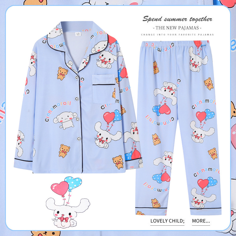 Pijamas para niños del sudeste asiático para niños de primavera y otoño para niñas de manga larga y solapa fina de dibujos animados LABUBU traje de otoño para niños grandes