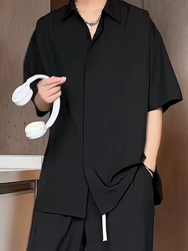 Black Dk Short-Sleeve Shirt for Men, Summer Cuban Collar Ice Silk Suit Shirt, High-End Five-Quarter Sleeve Jacket