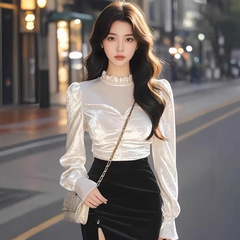 小香木耳边花边领网纱拼接白色长袖衬衫女秋季气质金丝绒百搭上衣