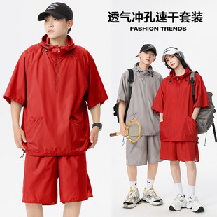 2025 Summer American Functional Workwear Hooded Short-Sleeved Sweatshirt Couple Wear Ins Trendy Brand Workwear Style Sports Suit