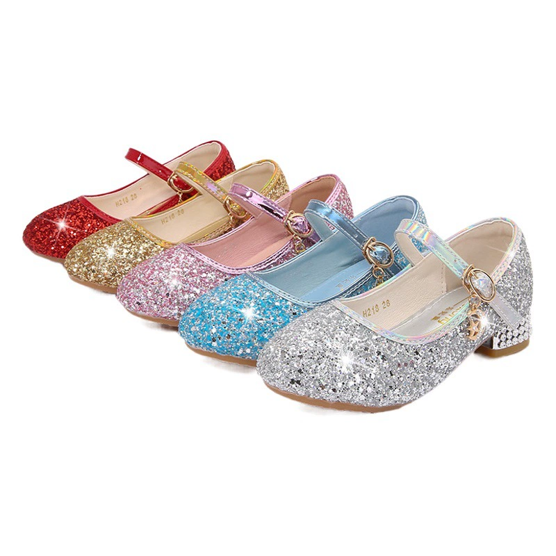 Factory Outlet Детские туфли на высоком каблуке Модная обувь для фортепиано Кожаная обувь для девочек Обувь принцессы Обувь с пайетками