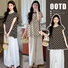 孕妇装套装韩版复古波点上衣+重工钩花阔腿裤孕妇两件套