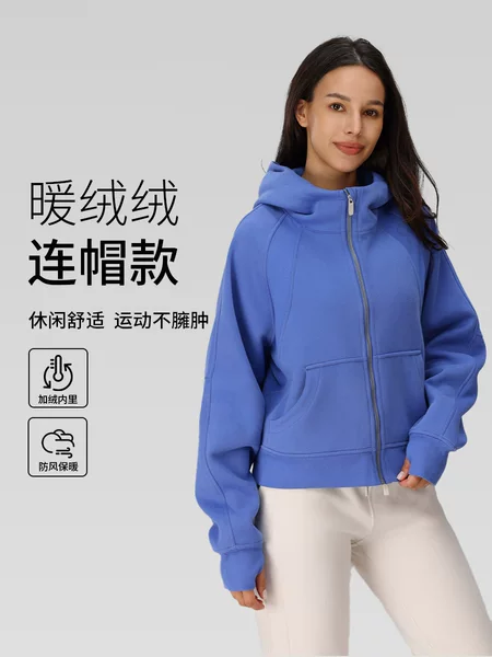 Autumn and Winter Loose-Fitting Stand-Up Collar Windproof Fleece-Lined Thickened Short Zipper Hooded Sports Sweatshirt Jacket for Women, Exclusively for Cross-Border Sales
